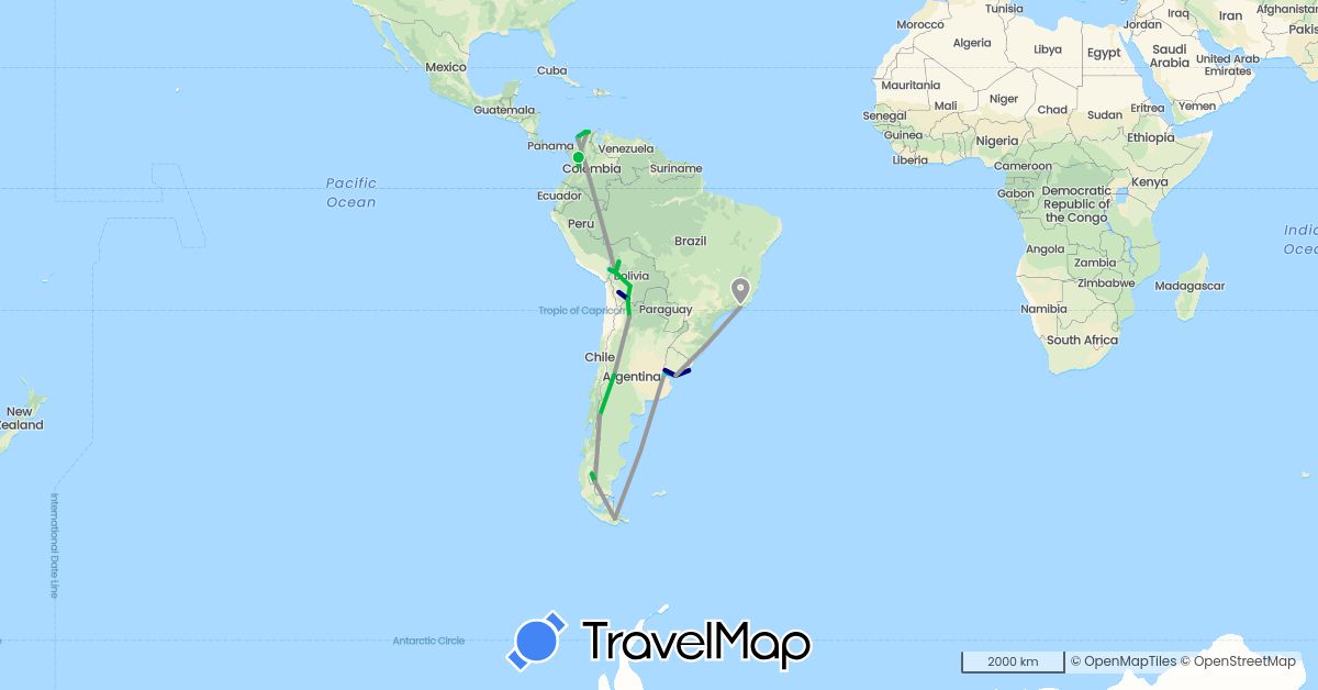 TravelMap itinerary: driving, bus, plane, boat in Argentina, Bolivia, Brazil, Colombia, Peru, Uruguay (South America)